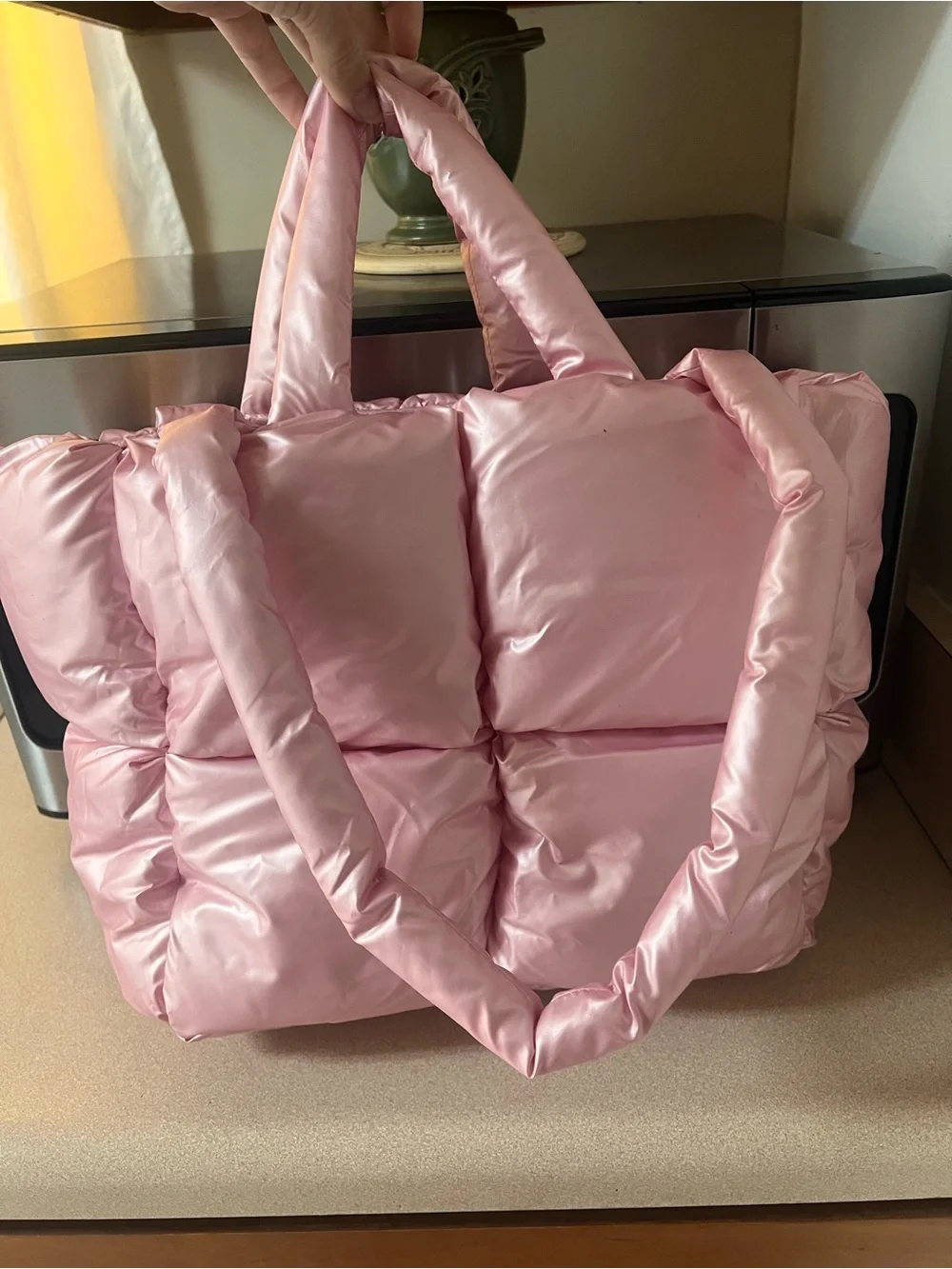 Padded Quilted Tote Bag in Soft Pink